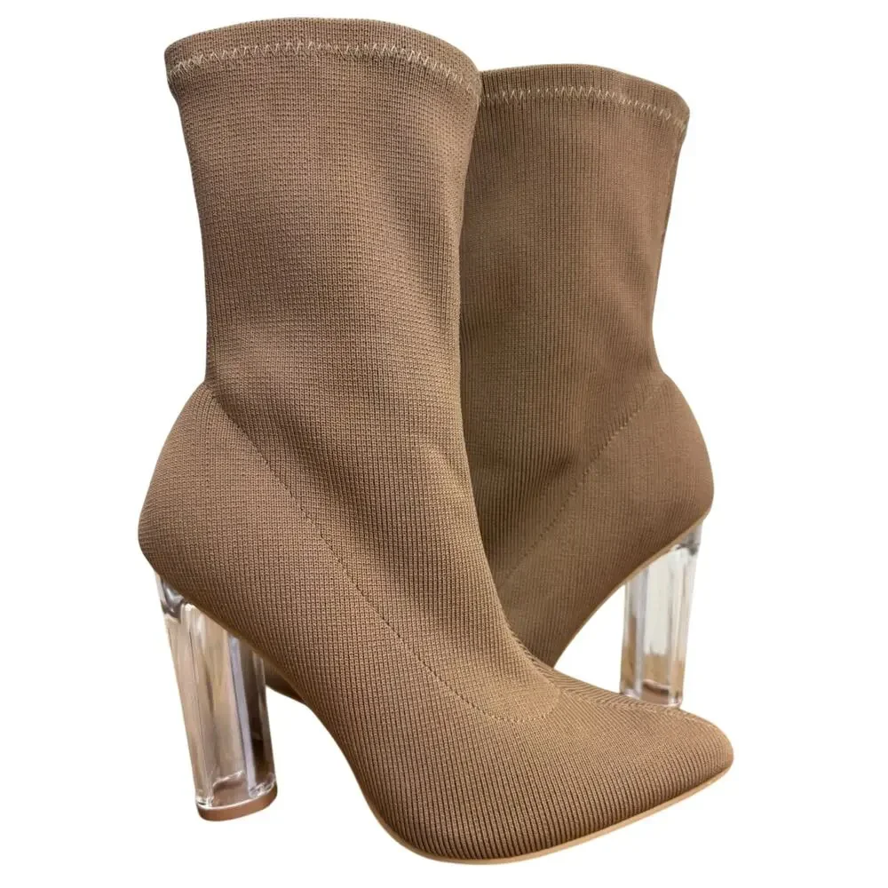 Fashion Nova Tan Stretch Heel Boots Sock Booties 7 WIDE Clear Block Heel Pointed